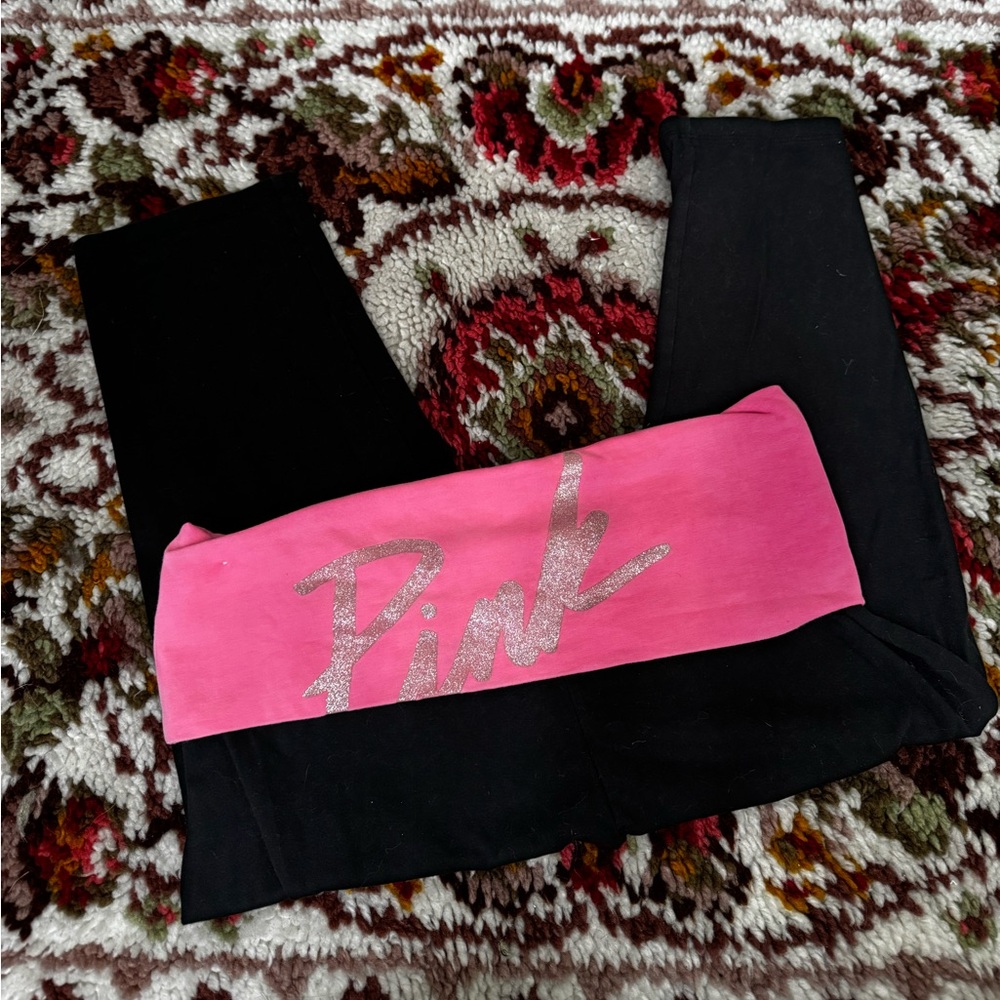 Y2K PINK Black & Pink Ankle Leggings Glitter Logo Stretch Elastic Waist Women